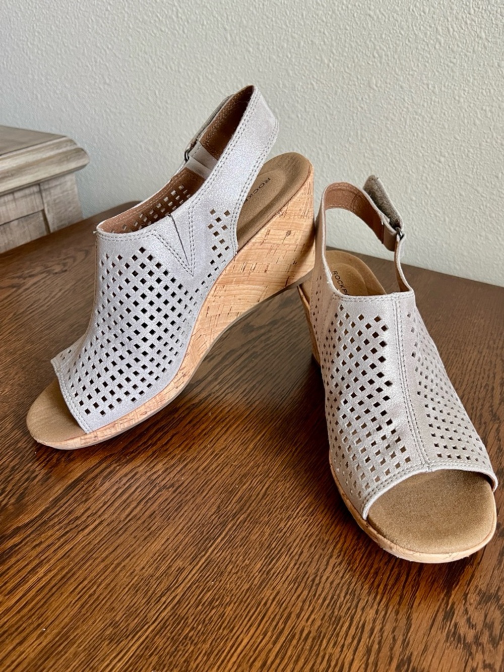 Women's Rockport Perforated Leather Slingback Wedge Sandals Light Gray Size 8.5